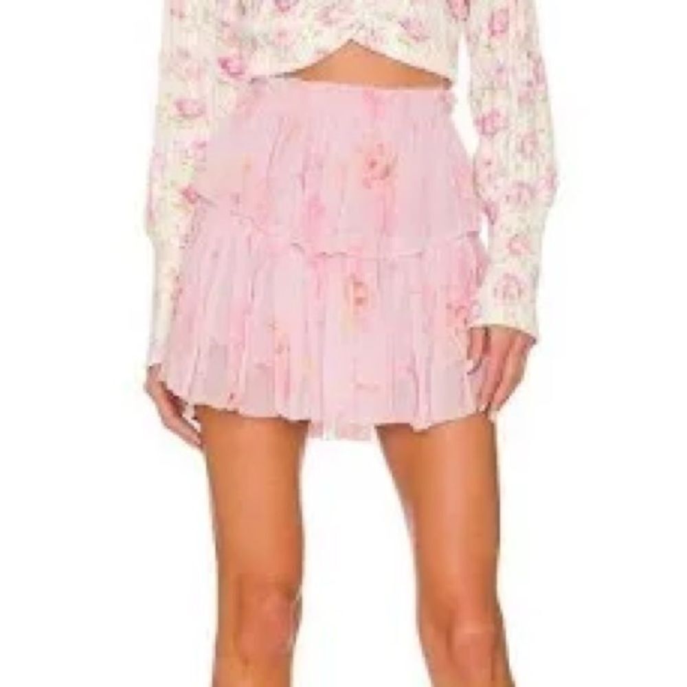 Love Shack Fancy Girls Summer Morning Tiered Ruffled Mini Skirt in Pink. Size 12